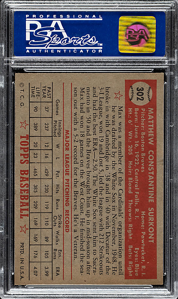 1952 Topps #302 Max Surkont PSA NM 7