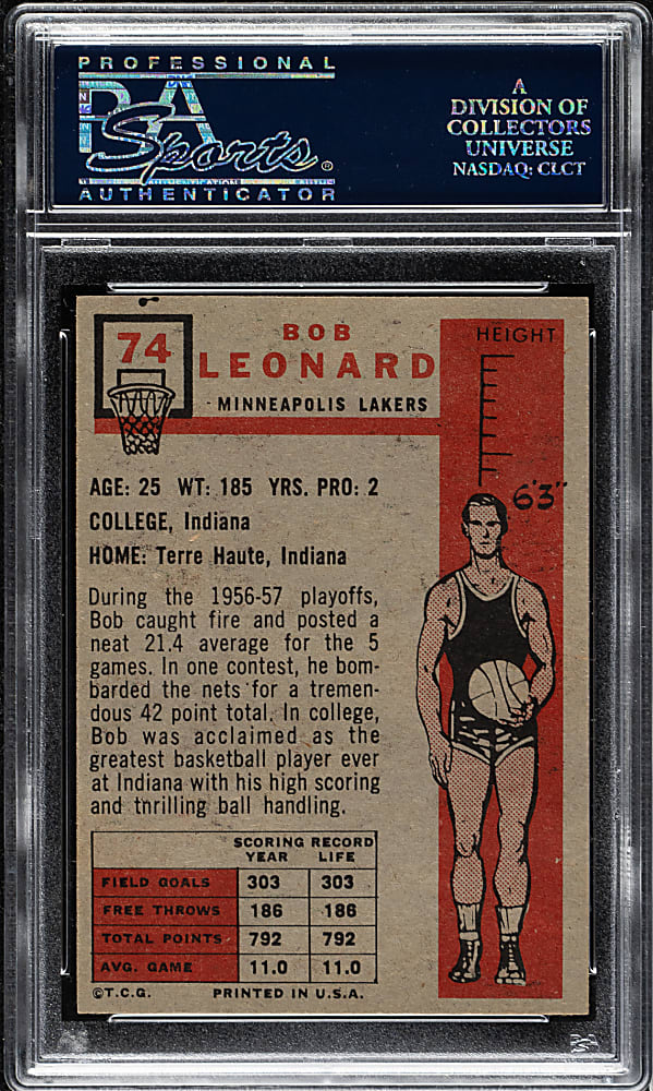 1957-1958 Topps Basketball #74 Bob Leonard Rookie PSA EX-MT 6