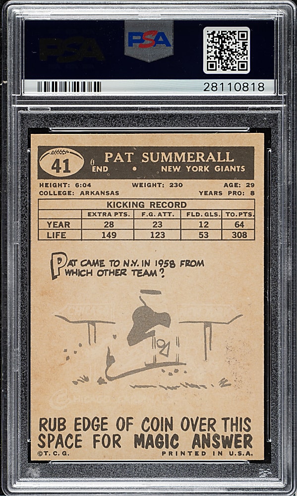 1959 Topps Football #41 Pat Summerall PSA MINT 9