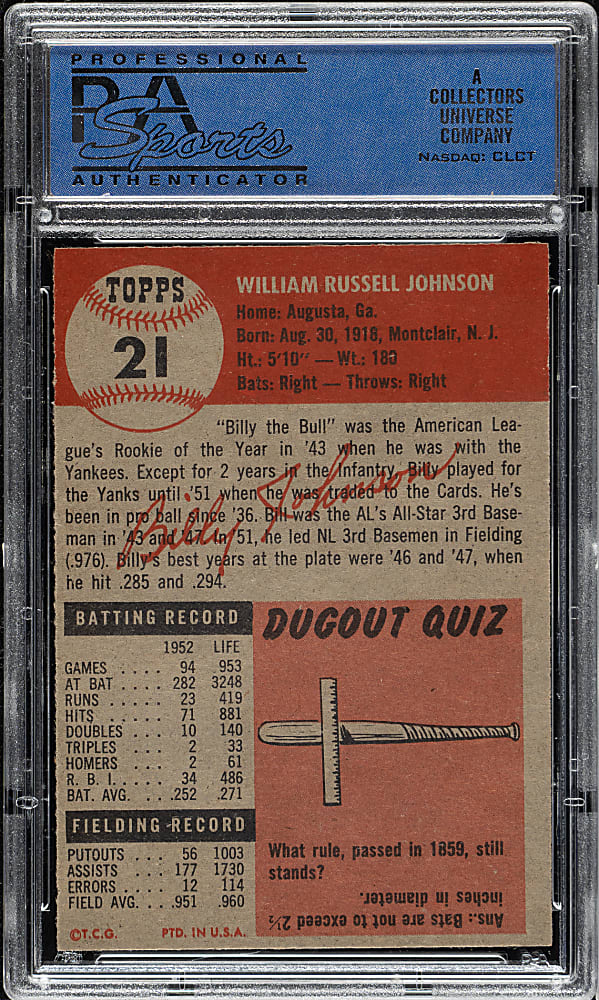 1953 Topps #21 Billy Johnson PSA NM-MT 8 (OC)