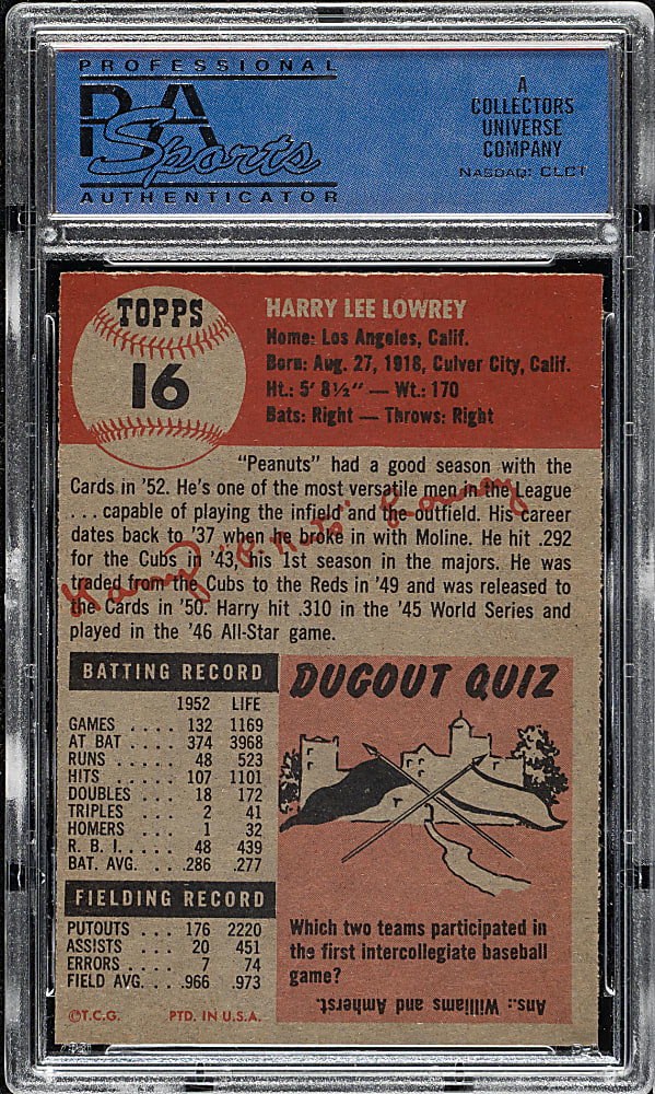 1953 Topps #16 Peanuts Lowrey PSA NM 7