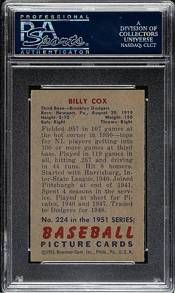 1951 Bowman #224 Billy Cox PSA NM-MT 8