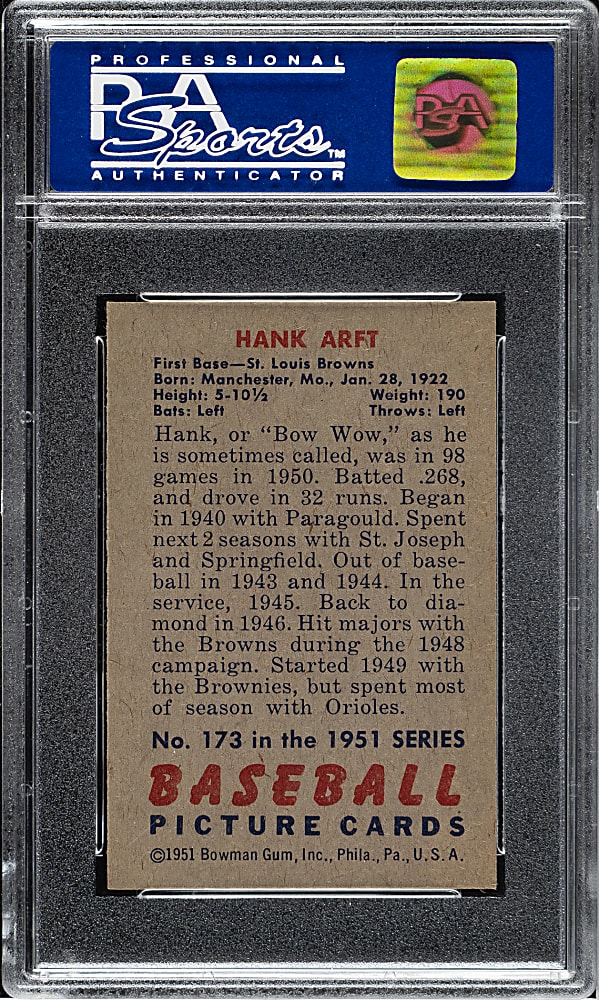 1951 Bowman #173 Hank Arft PSA NM-MT 8