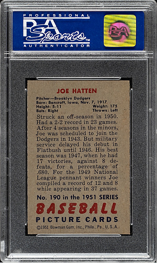 1951 Bowman #190 Joe Hatten PSA NM-MT 8