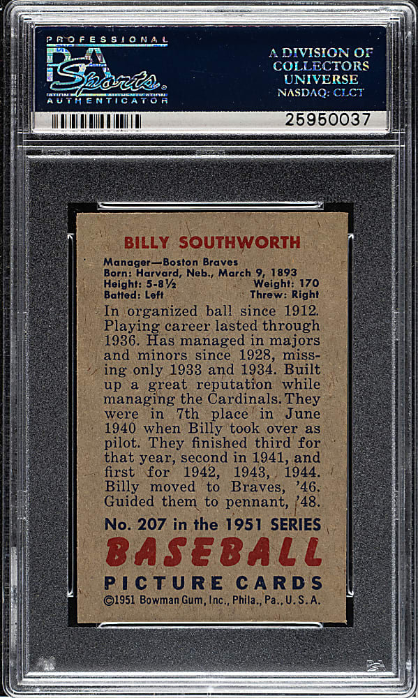 1951 Bowman #207 Billy Southworth PSA NM-MT 8