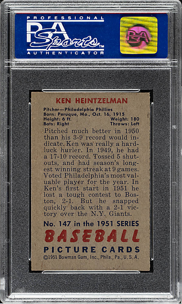 1951 Bowman #147 Ken Heintzelman PSA NM-MT 8