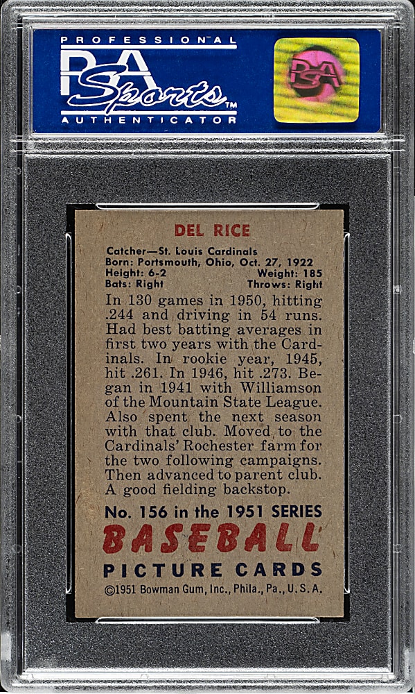 1951 Bowman #156 Del Rice PSA NM-MT 8