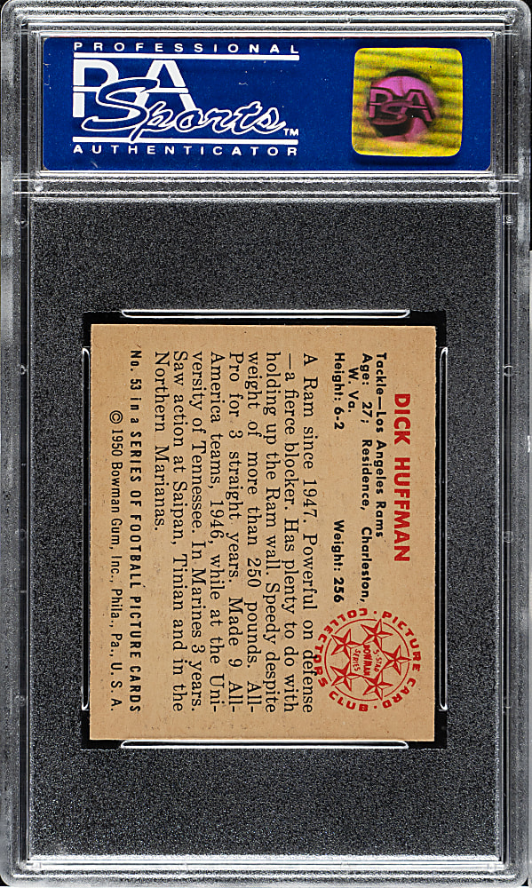 1950 Bowman Football #53 Dick Huffman Rookie PSA MINT 9