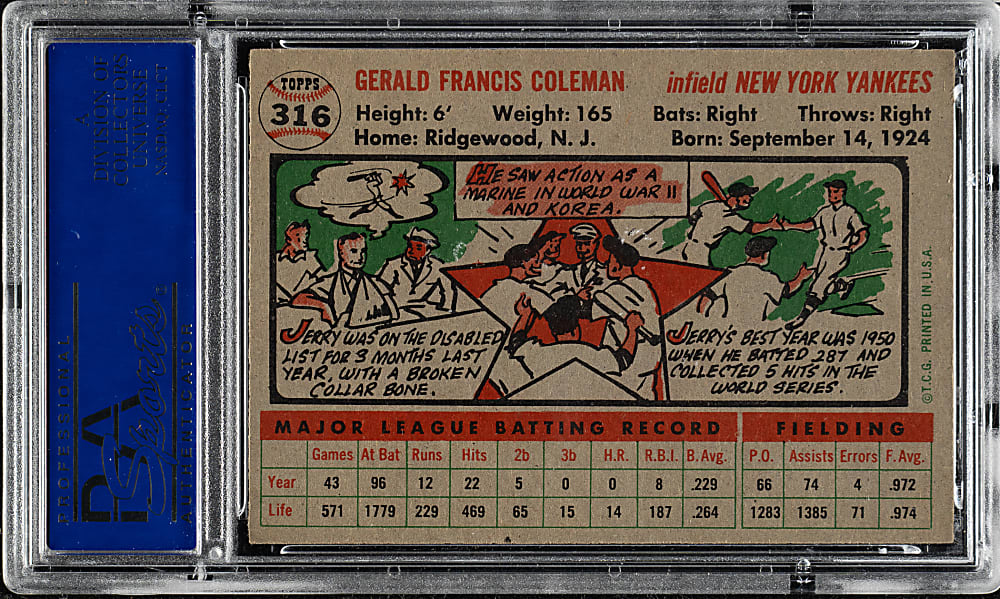 1956 Topps #316 Jerry Coleman PSA NM-MT 8