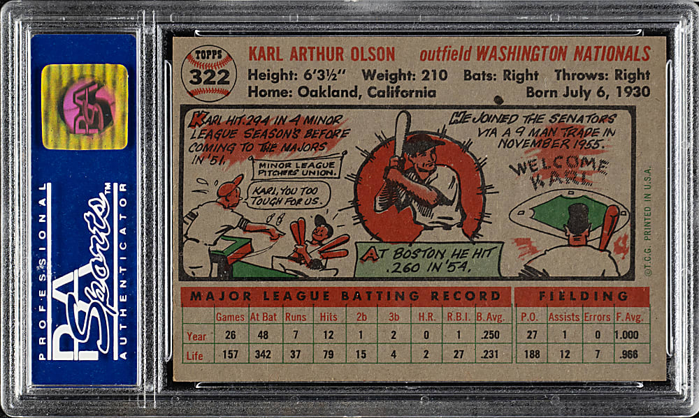1956 Topps #322 Karl Olson PSA NM-MT 8