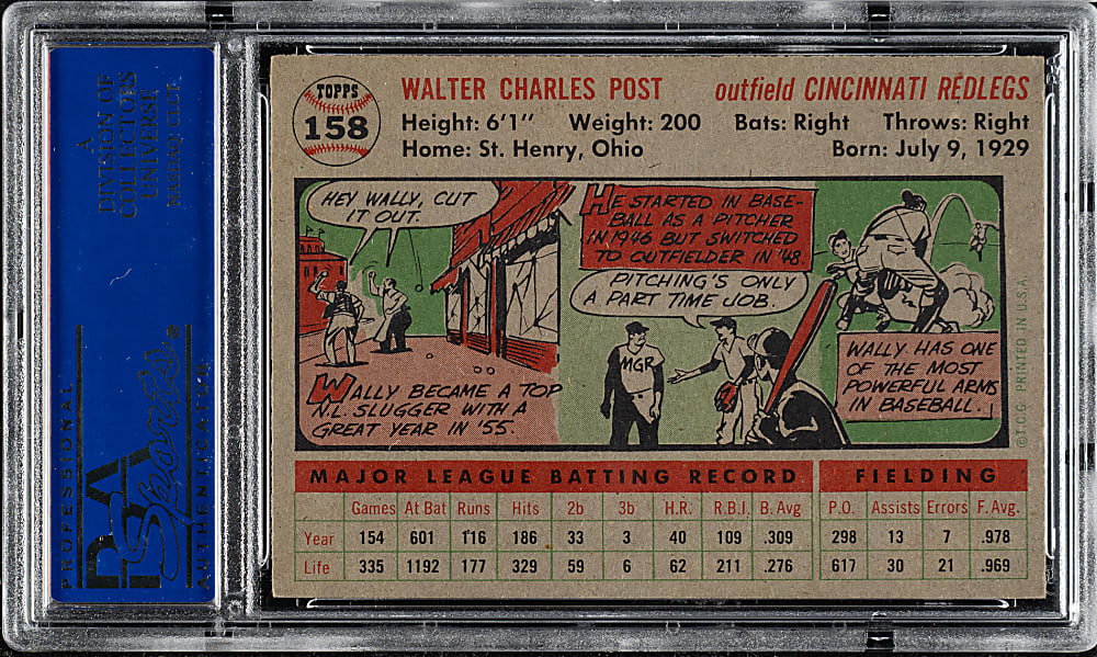 1956 Topps #158 Wally Post Gray Back PSA NM-MT 8