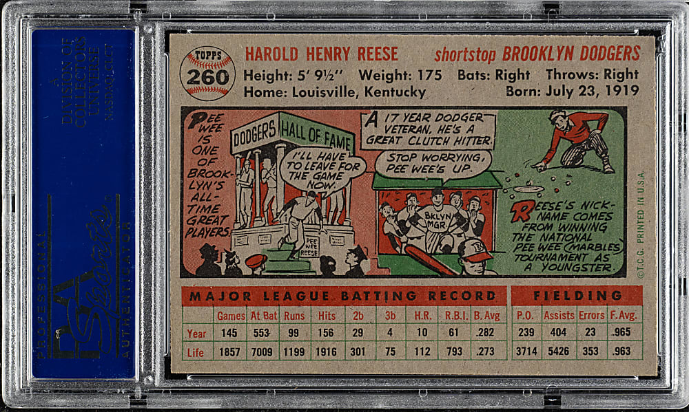 1956 Topps #260 Pee Wee Reese PSA MINT 9 (OC)