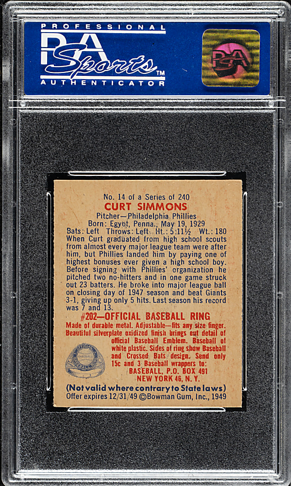 1949 Bowman #14 Curt Simmons PSA NM 7