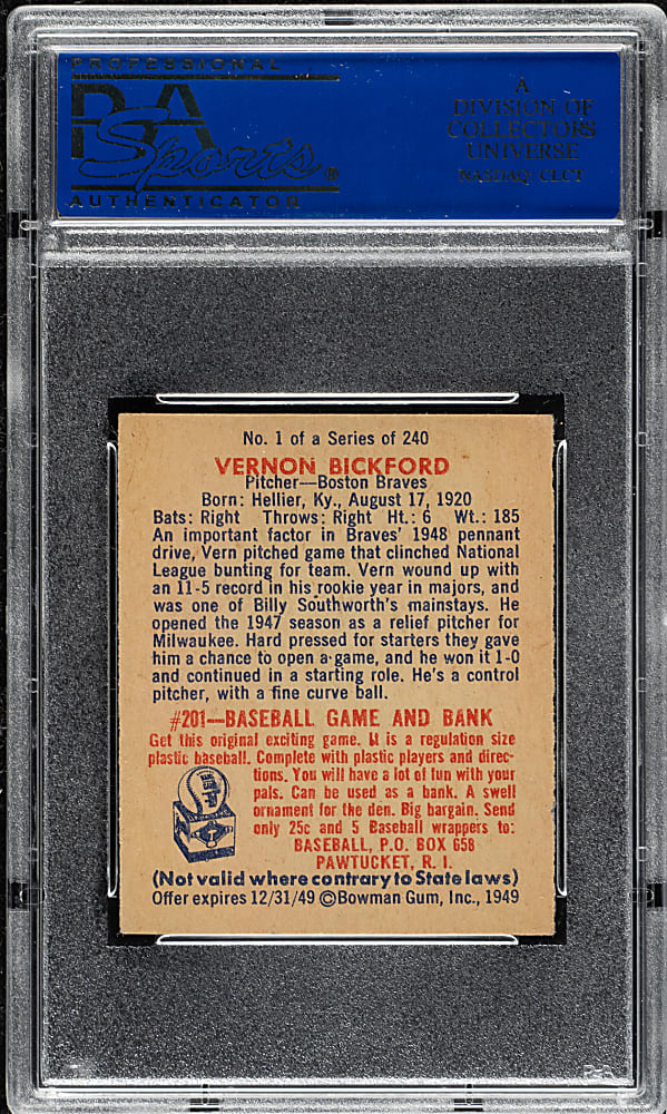 1949 Bowman #1 Vernon Bickford PSA NM 7