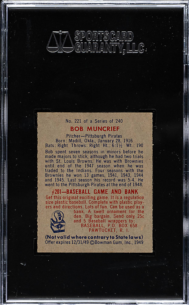 1949 Bowman #221 Bob Muncrief SGC NM/MT 88