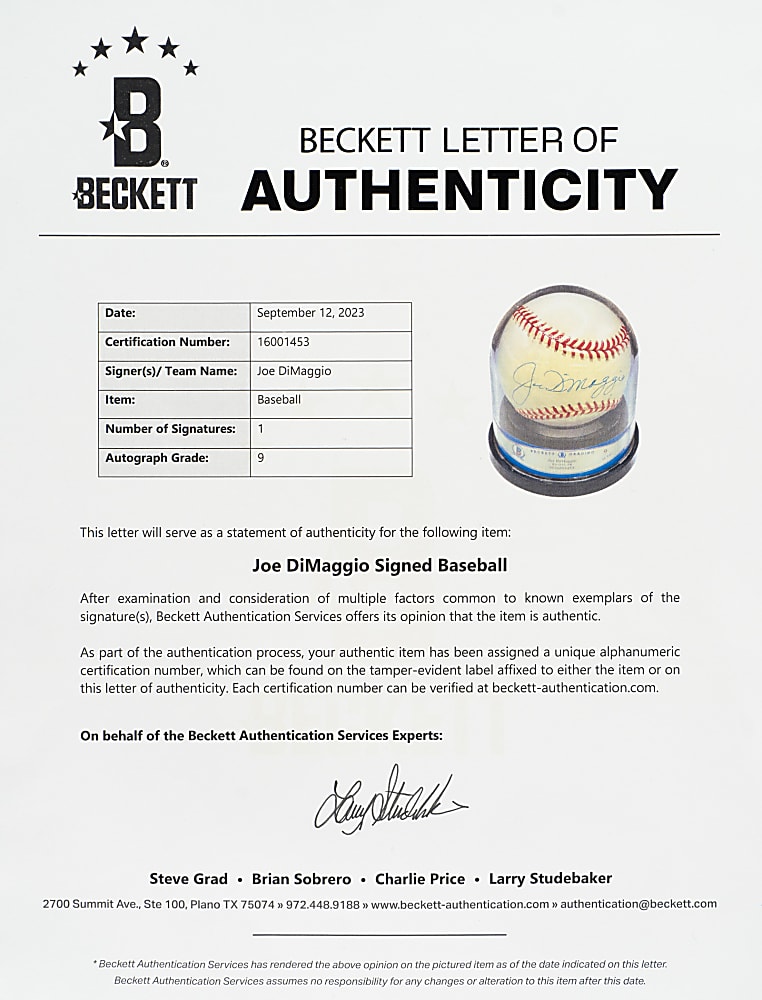 Joe DiMaggio Single-Signed Baseball Beckett MINT 9