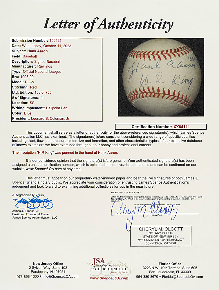 Hank Aaron Single-Signed Limited-Edition Baseball with "H.R. King" Inscription - JSA