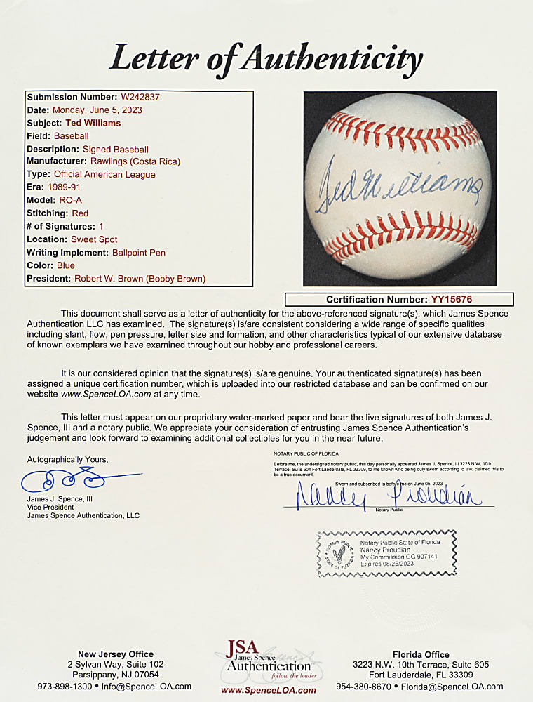 Ted Williams Single-Signed Baseball - JSA