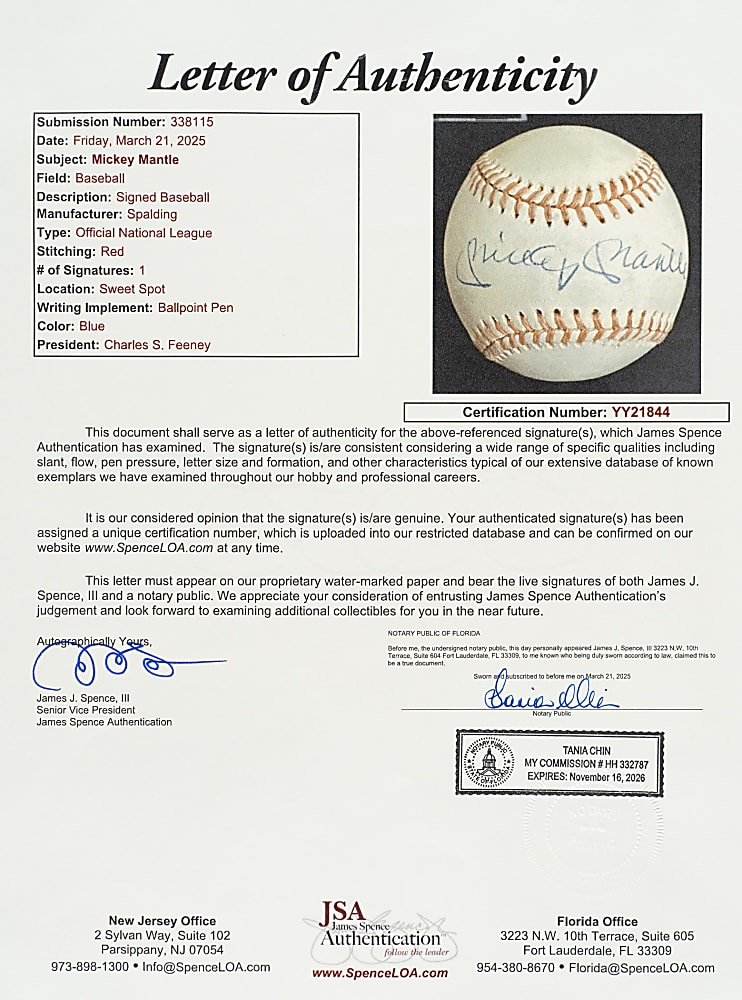 Mickey Mantle Single-Signed Baseball - JSA