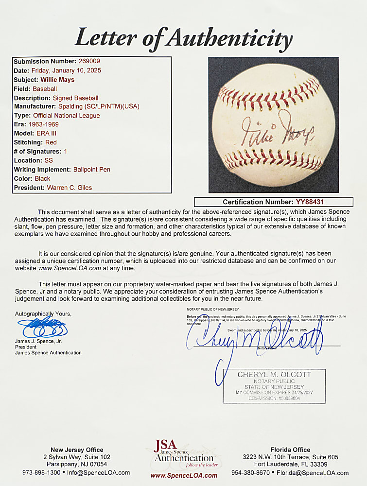 Willie Mays Single-Signed Baseball - JSA