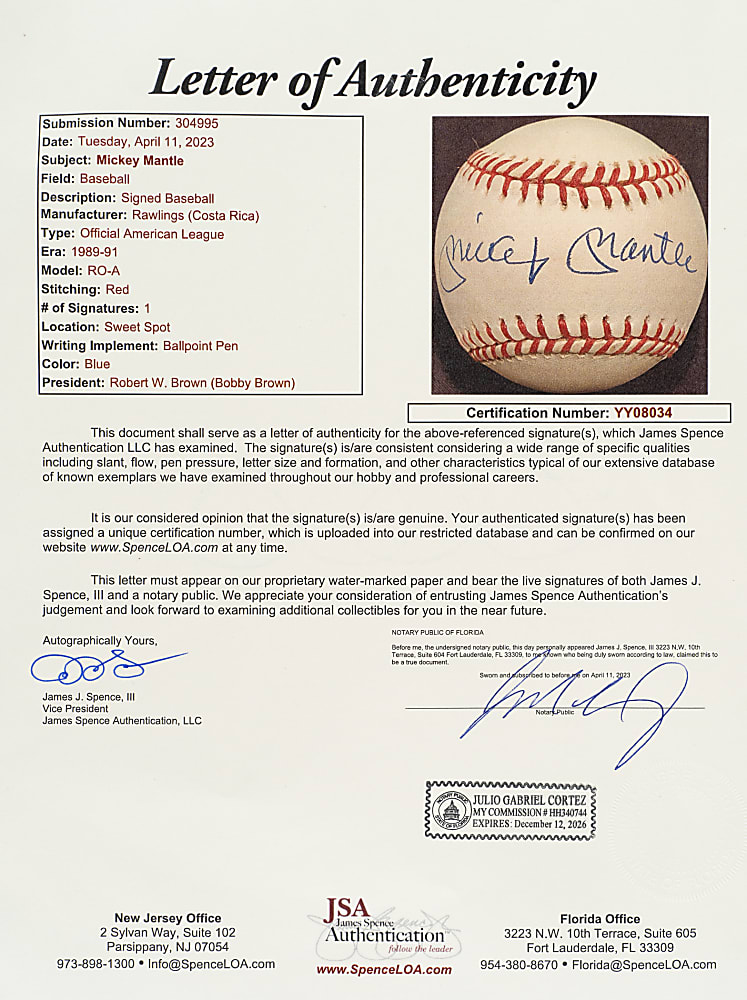Mickey Mantle Single-Signed Baseball - JSA