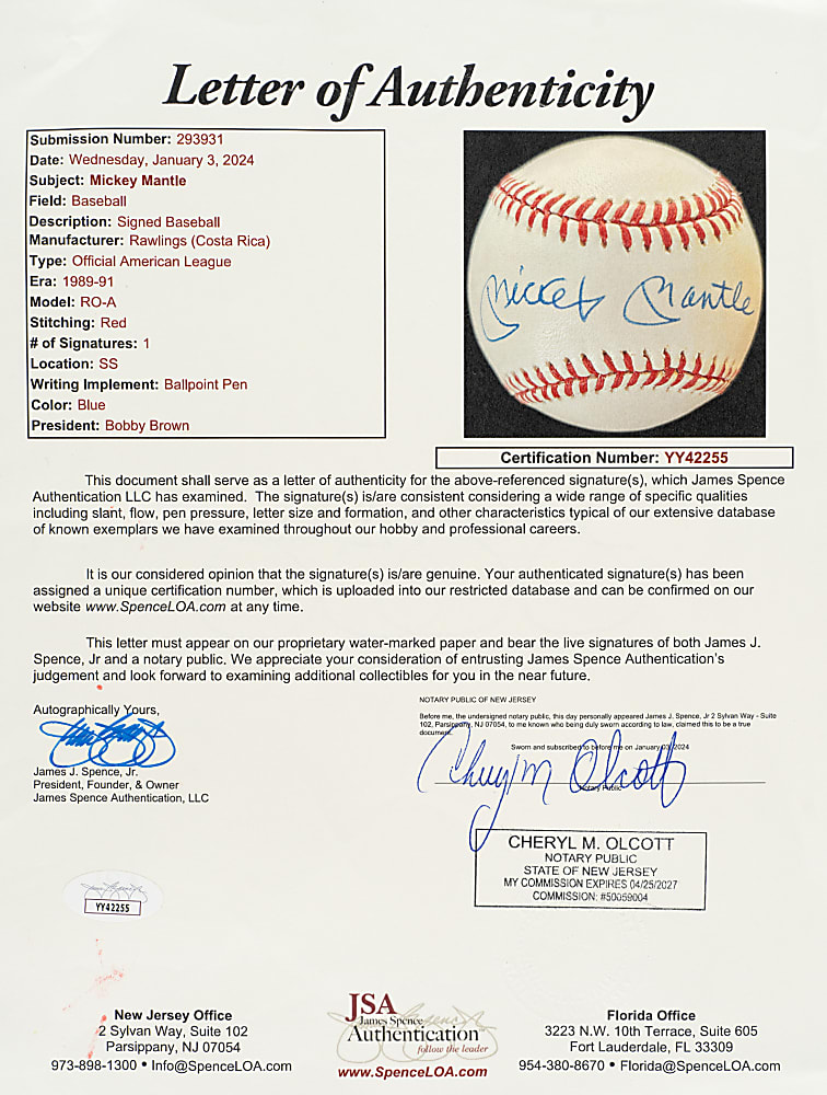 Mickey Mantle Single-Signed Baseball - JSA