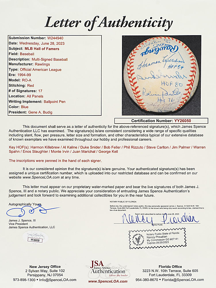 Hall of Fame Multi-Signed Baseball (17 Signatures) - JSA - All with Hall of Fame Inscriptions
