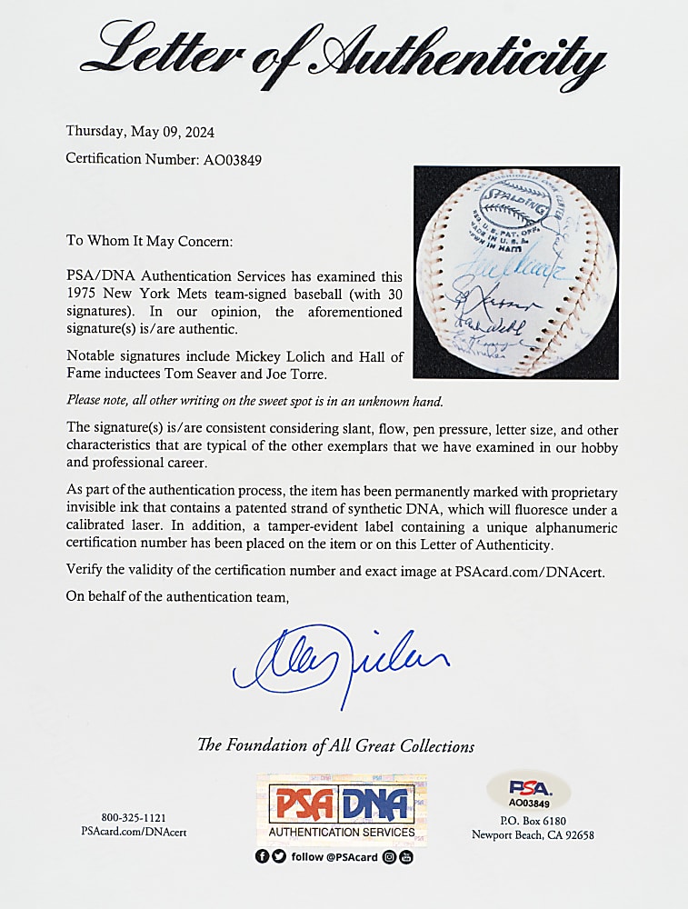 1975 New York Mets Team-Signed Baseball with Tom Seaver and Joe Torre - PSA/DNA