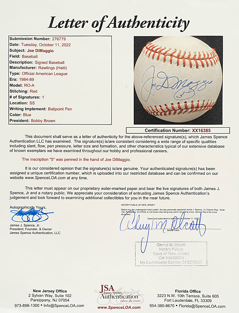 Joe DiMaggio Single-Signed Baseball with "5" Inscription - JSA