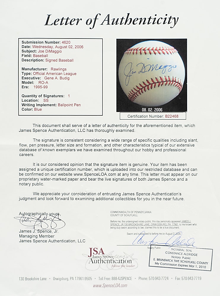Joe DiMaggio Single-Signed Baseball - JSA