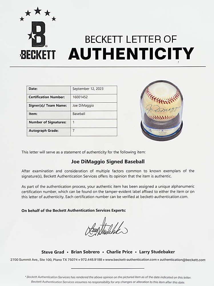 Joe DiMaggio Single-Signed Baseball Beckett NM 7