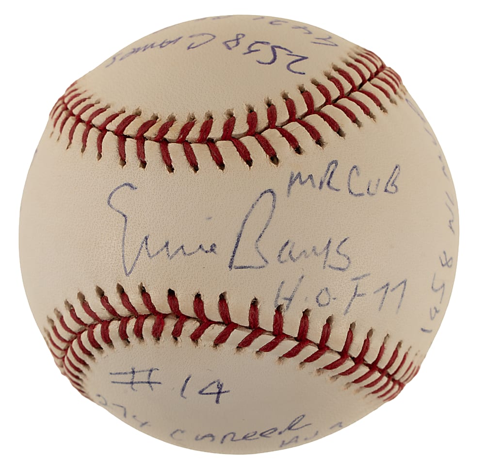 Ernie Banks Single-Signed Limited-Edition Stat Baseball - JSA