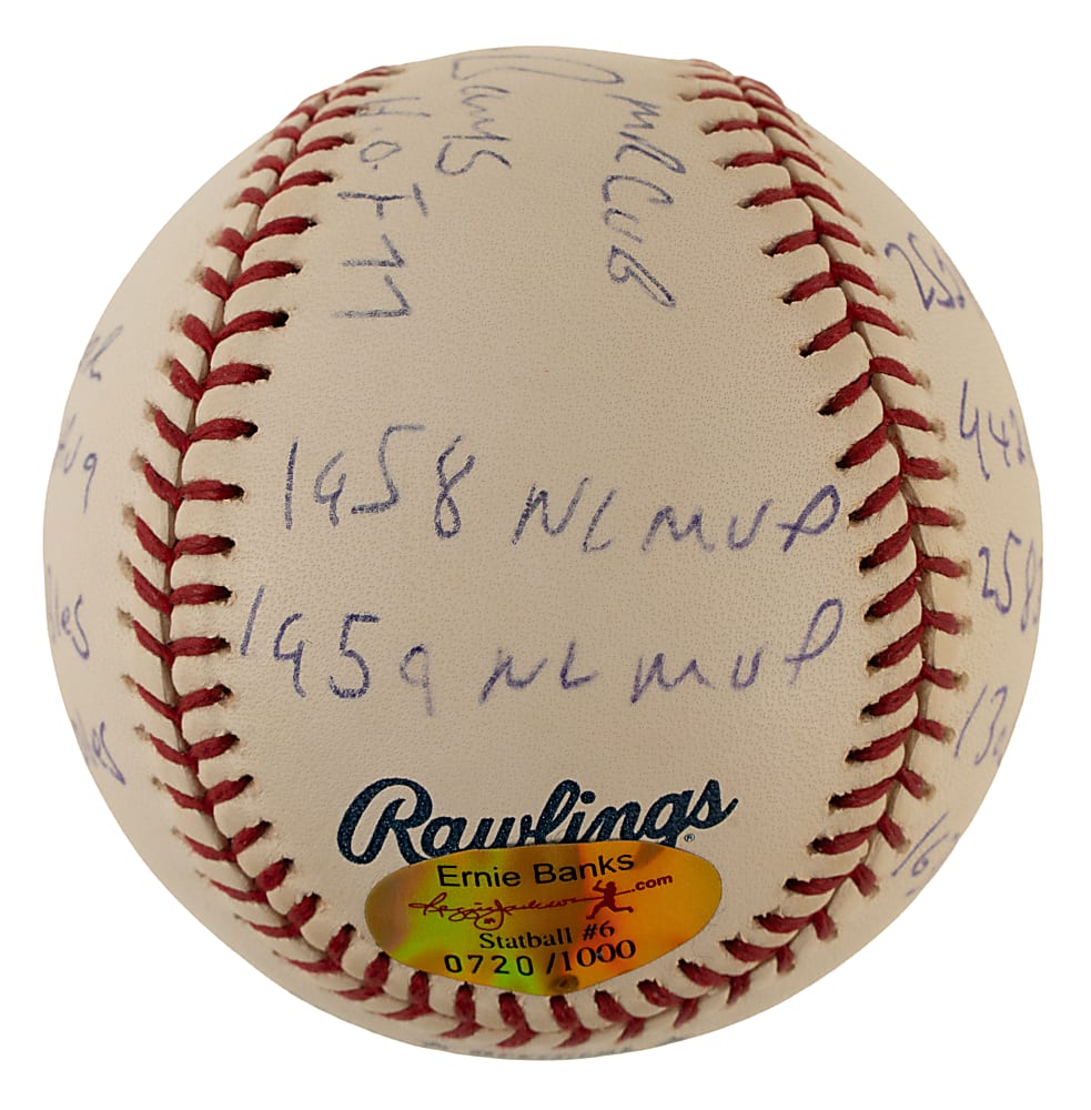 Ernie Banks Single-Signed Limited-Edition Stat Baseball - JSA