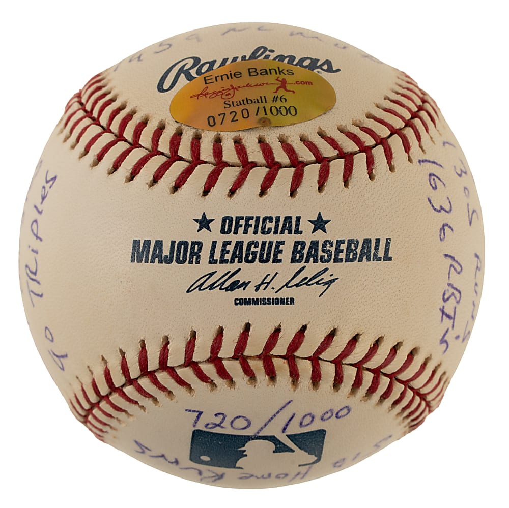 Ernie Banks Single-Signed Limited-Edition Stat Baseball - JSA