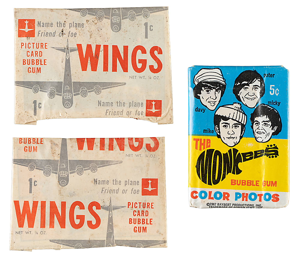 1953 Topps "Wings" and 1967 "The Monkees" Second Series Unopened Wax Pack Trio
