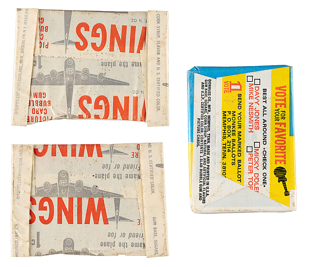 1953 Topps "Wings" and 1967 "The Monkees" Second Series Unopened Wax Pack Trio