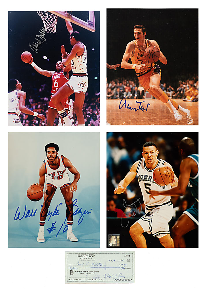Basketball Hall of Famers and Stars Signed Photograph and Check Collection (8) Including Kareem Abdul-Jabbar