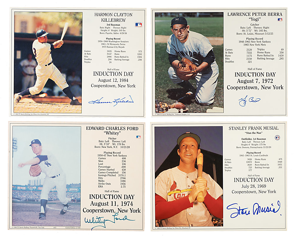 Signed Hall of Fame Induction Photo Cards Collection (14) Including Berra, Musial, and Ryan