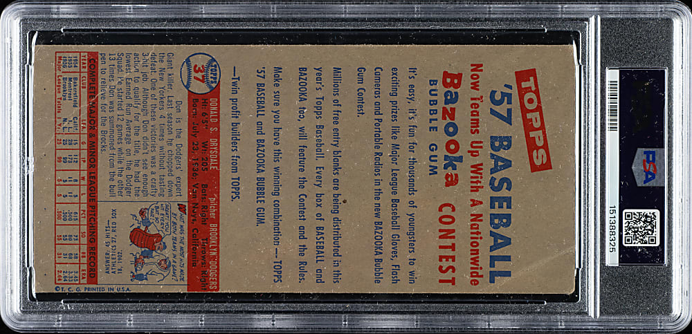 1957 Topps Salesman-Sample Three-Card Advertising Panel with Don Drysdale Rookie on Back PSA Authentic
