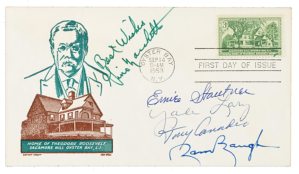 1953 First Day Cover Signed By Football Hall of Famers: Baugh, Canadeo, Lary, Marchetti, and Stautner