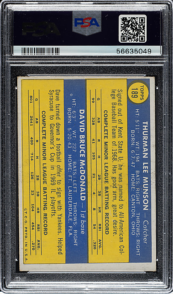 1970 Topps #189 Thurman Munson Rookie PSA VG-EX 4