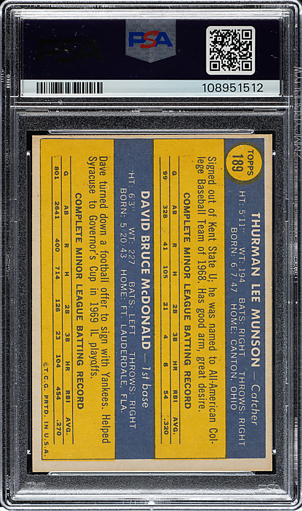 1970 Topps #189 Thurman Munson Rookie PSA EX 5