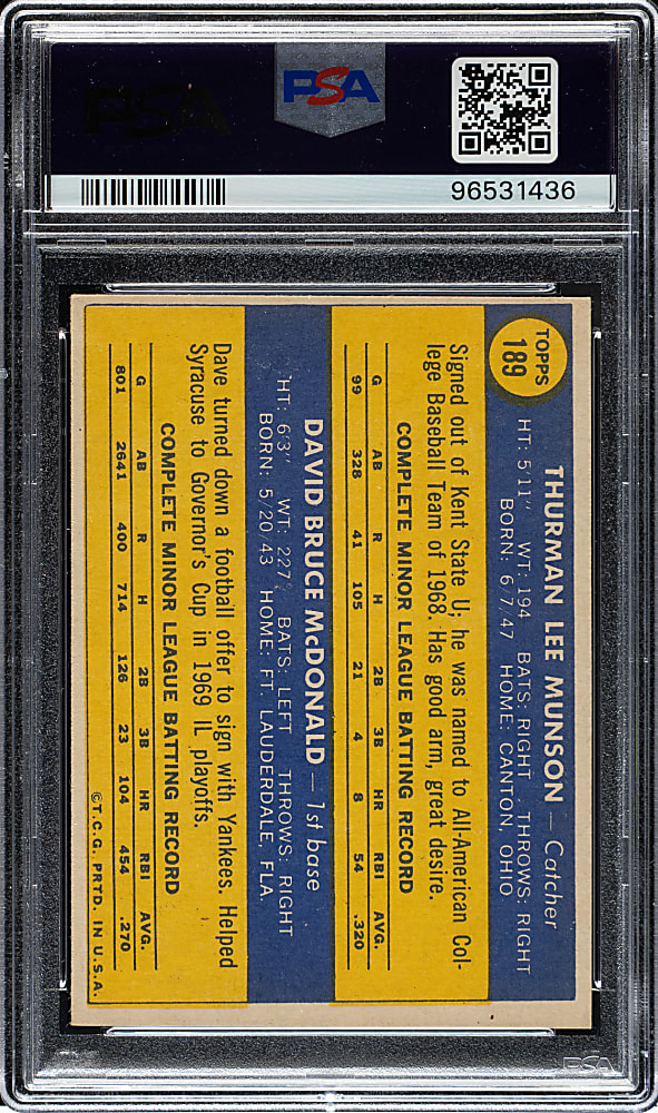 1970 Topps #189 Thurman Munson Rookie PSA EX-MT 6