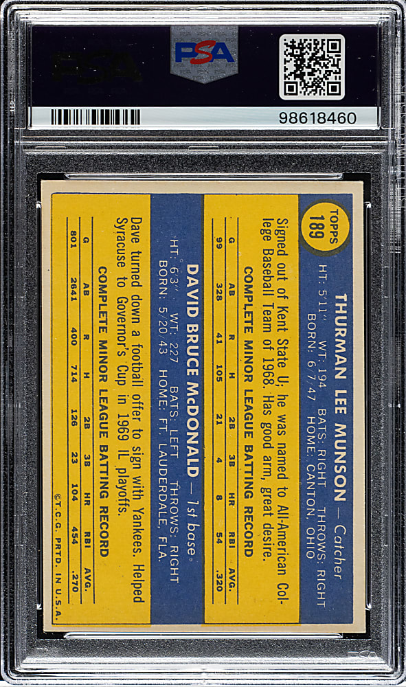 1970 Topps #189 Thurman Munson Rookie PSA EX-MT 6