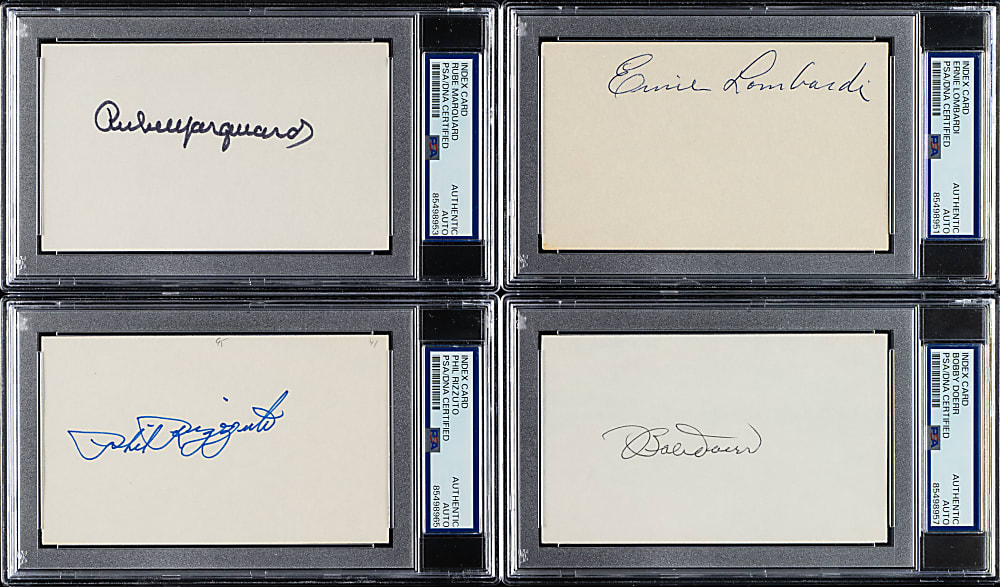 Signed Index Card Collection (12) Including Phil Rizzuto, Rube Marquard, and Red Schoendienst - PSA/DNA