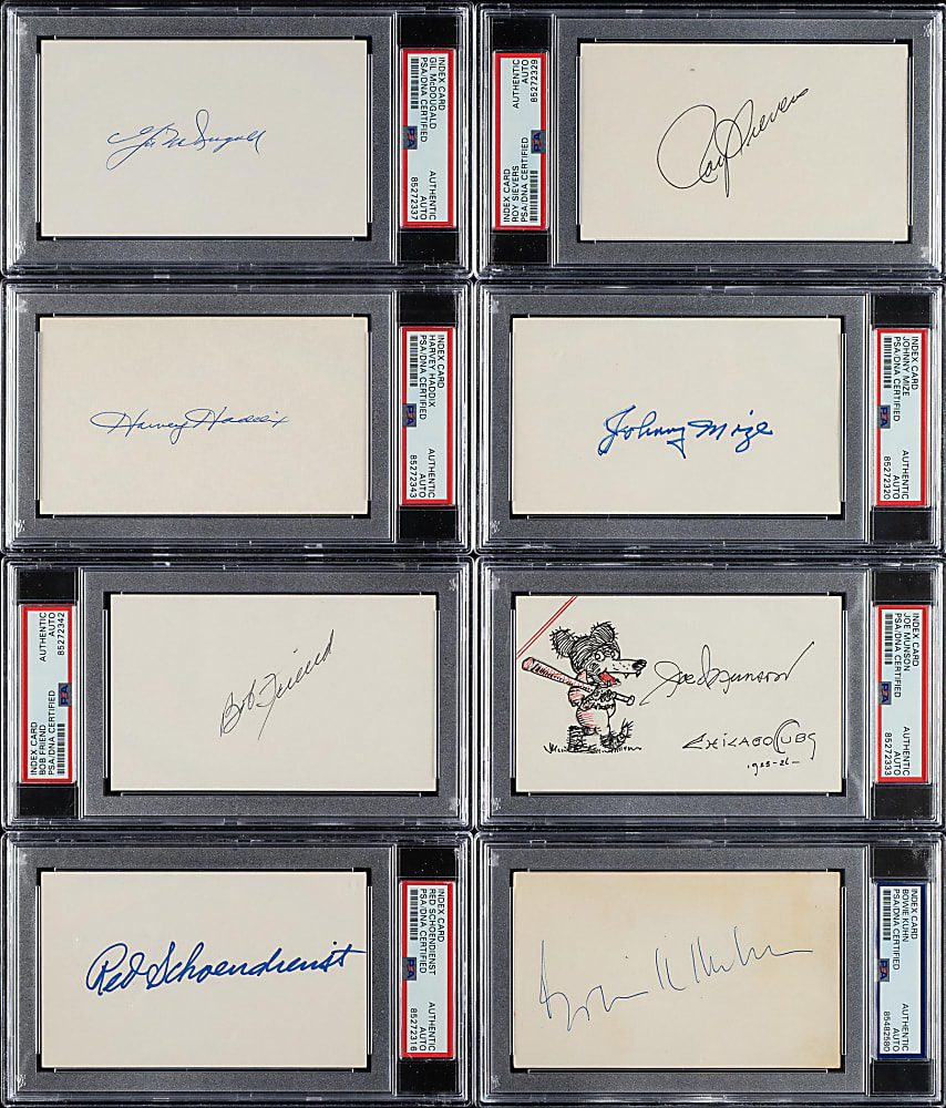 Signed Index Card Collection (12) Including Phil Rizzuto, Rube Marquard, and Red Schoendienst - PSA/DNA