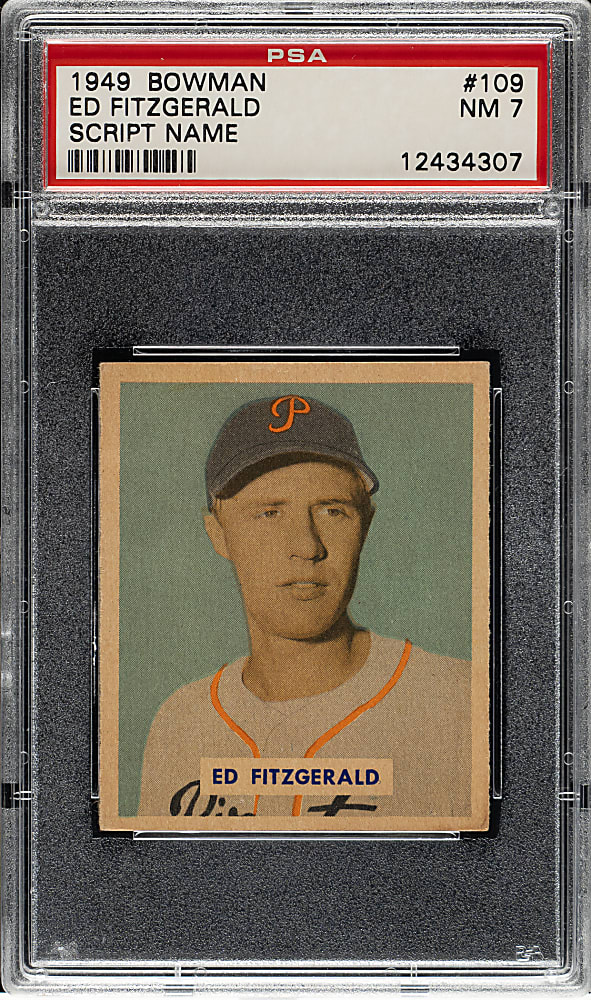 1949 Bowman #109 Ed Fitzgerald Script Name on Back PSA NM 7
