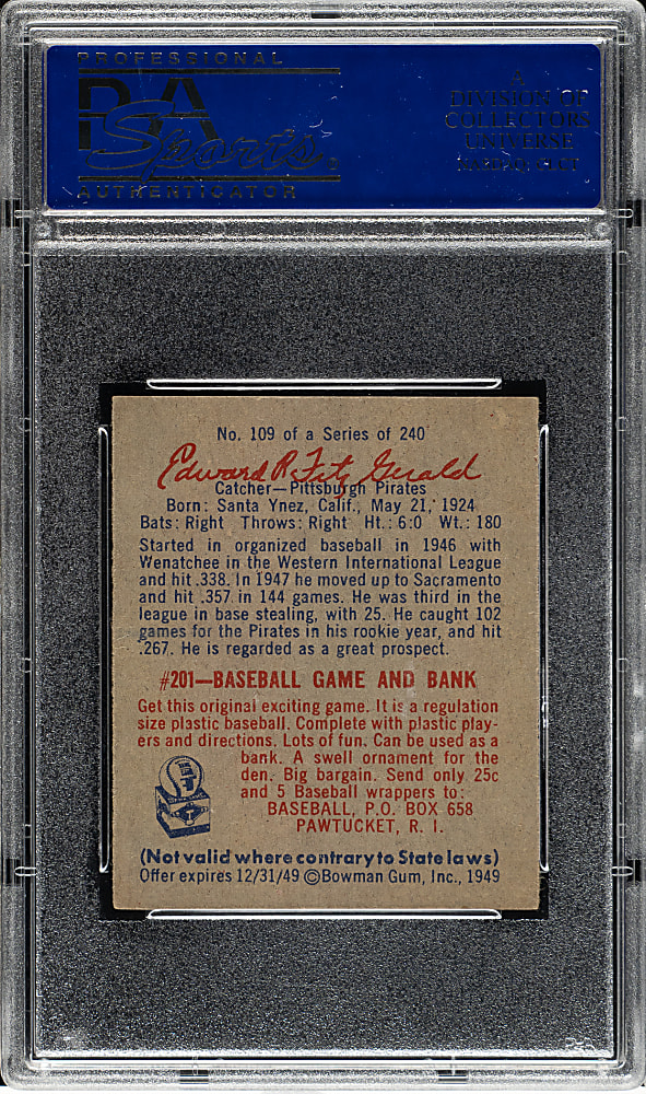 1949 Bowman #109 Ed Fitzgerald Script Name on Back PSA NM 7