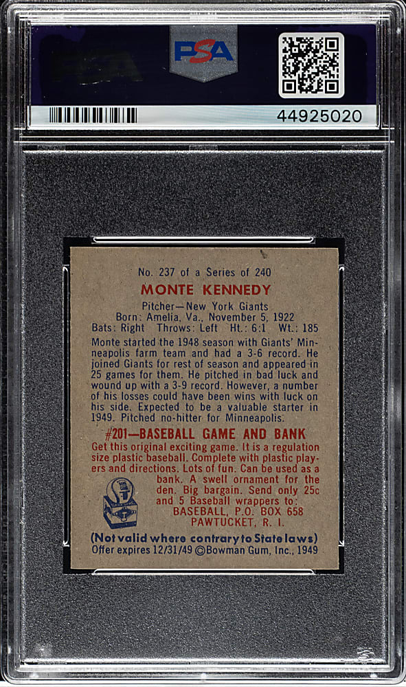 1949 Bowman #237 Monte Kennedy PSA NM 7
