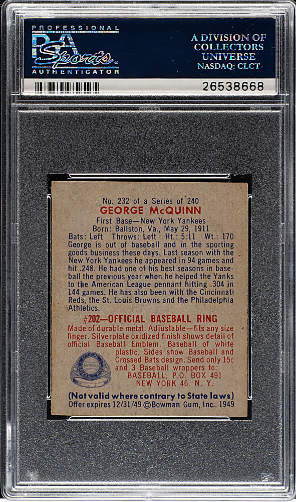 1949 Bowman #232 George McQuinn PSA NM-MT 8